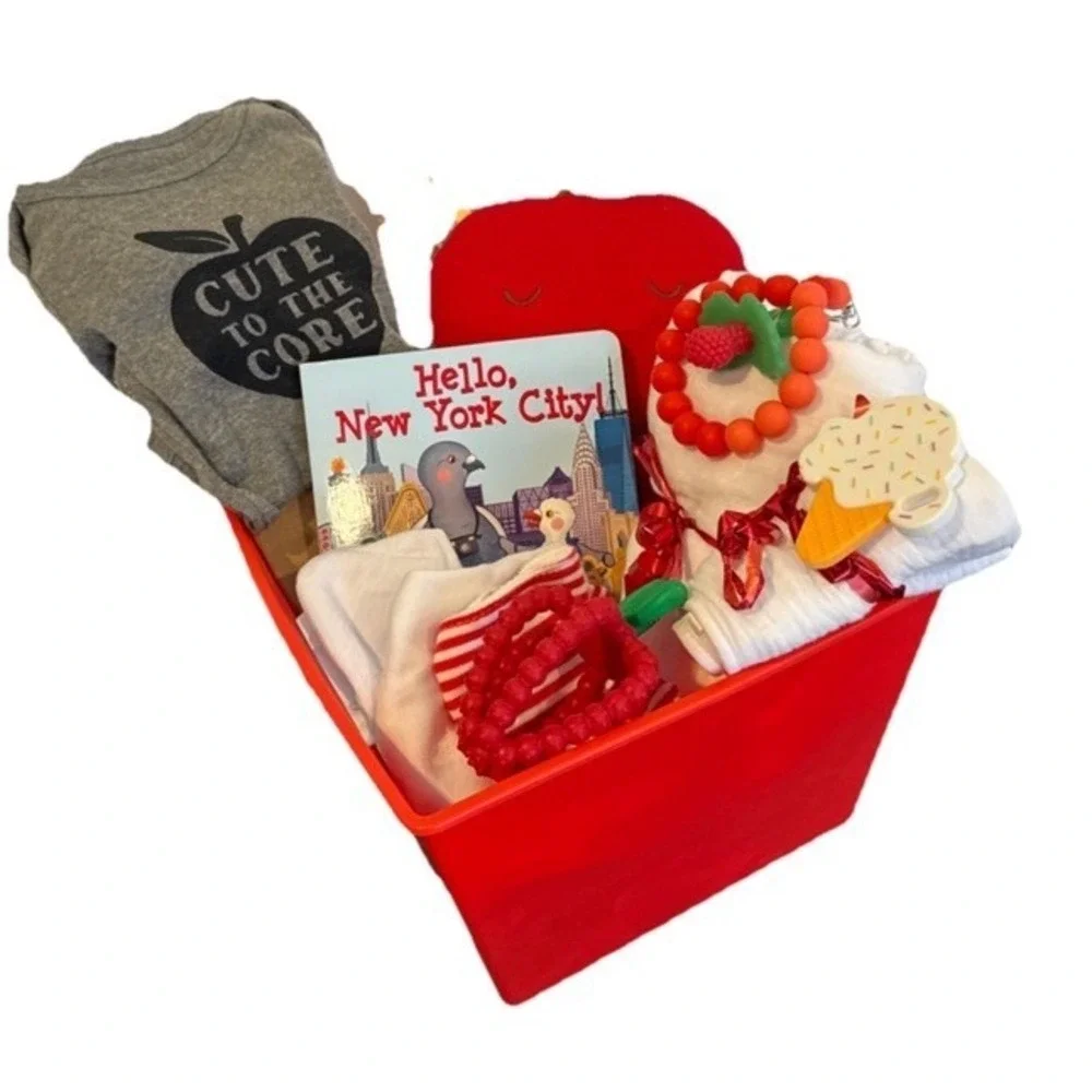 Hello New York‎ City Baby Gift Basket Apple Lovey Teether Blanket Bibs Bodysuit